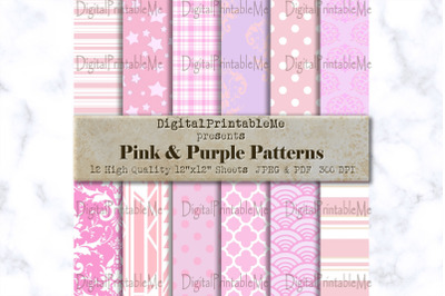 Pink Purple Digital Paper, pastel pattern,  Scrapbook Pack, printable