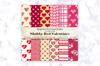 Shabby Red  Digital Paper, Linen Love burlap heart pattern, valentine