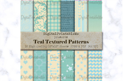 Shabby Teal Digital Paper, Linen burlap texture pattern, blue green tu