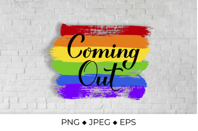 Coming Out calligraphy hand lettering on rainbow flag