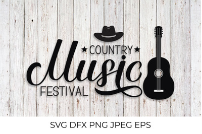 Country Music festival lettering with hat and guitar