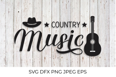 Country Music lettering with hat and guitar