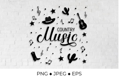 Country Music lettering with hat, cowboy boots, notes and guitar.