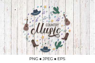 Country Music lettering with hat, cowboy boots, notes and guitar.