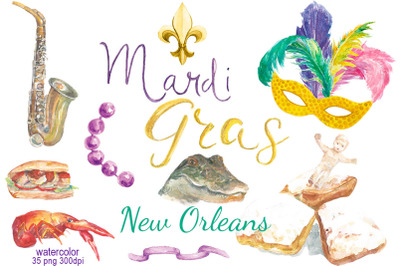 Mardi Gras New Orleans watercolor clip art