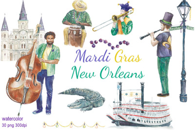 Mardi Gras New Orleans watercolor clip art