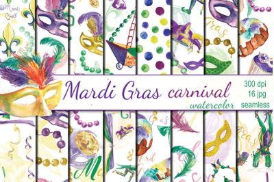 Watercolor Mardi Gras carnival seamless patterns