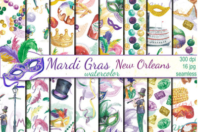 Watercolor Mardi Gras New Orleans seamless patterns