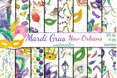 Watercolor Mardi Gras New Orleans seamless patterns