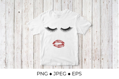 Eyelashes and red lipstick kiss