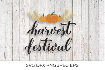 Harvest festival calligraphy lettering with hand drawn pumpkins and wh