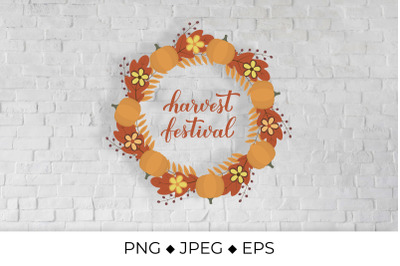 Harvest festival lettering with wreath of colorful autumn leaves