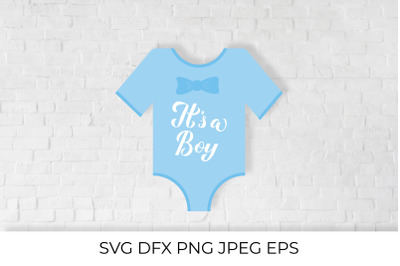 Its a boy calligraphy hand lettering on blue baby onesie