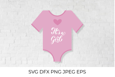 Its a girl calligraphy hand lettering on pink baby onesie