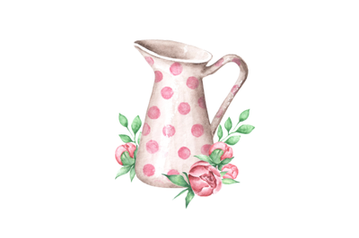 Jug watercolor illustration. A jug with polka dots. Flowers