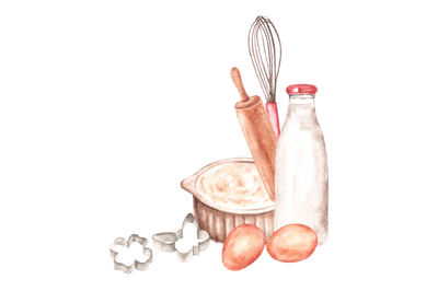 Bakery watercolor illustration. Food, baking tins, rolling pin, milk