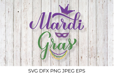 Mardi Gras calligraphy hand lettering with colorful beads, mask and cr