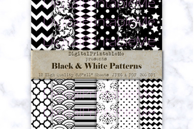 Black &amp; White Digital Paper, Black Pattern, Scrapbook pack, Patterned