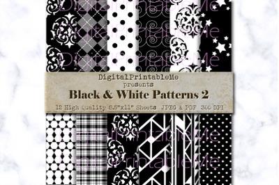 Black &amp; White Digital Paper, Boho Patterns 2, Scrapbook pack, print Ba