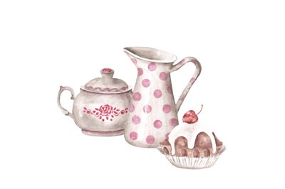 Vintage tableware watercolor illustration. Jug, sugar bowl, cake