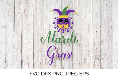 Mardi Gras calligraphy hand lettering with cute virus wearing mask