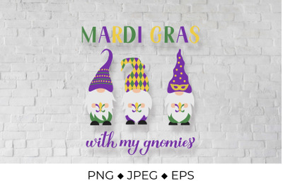 Mardi Gras hand lettering with cute gnomes