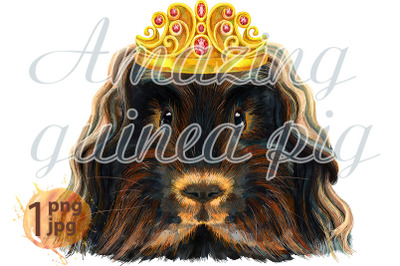 Watercolor portrait of Merino guinea pig in golden crown