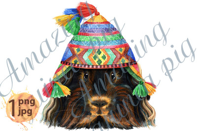 Watercolor portrait of Merino guinea pig in hat from Peru