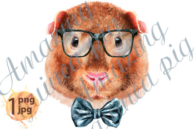Watercolor portrait of Teddy guinea pig with bow-tie and glasses