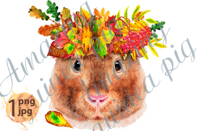 Watercolor portrait of Teddy guinea pig with wreath of leaves
