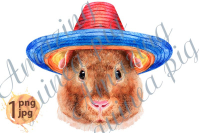 Watercolor portrait of Teddy guinea pig in sombrero hat