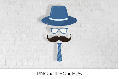 Hipster flat icon. Character with a mustache, hat, and tie.