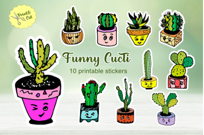 Cartoon cactuses cute sticker pack / Printable PNG stickers