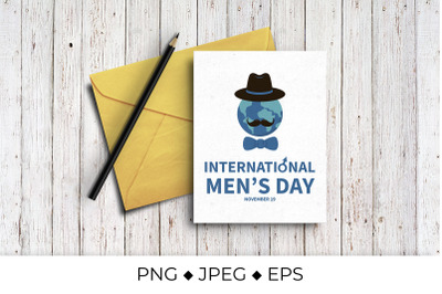 International Mens Day lettering with globe, hat and mustache