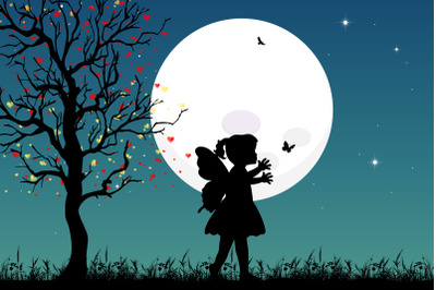 cute fairy child and moon silhouette