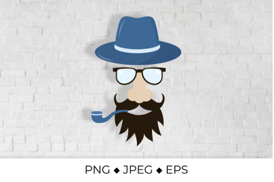 Hipster flat icon. Character with a beard, hat, and pipe.