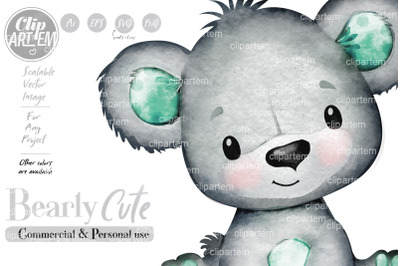 Gender Neutral Cute Little Mint Baby Bear Watercolor Clip Art