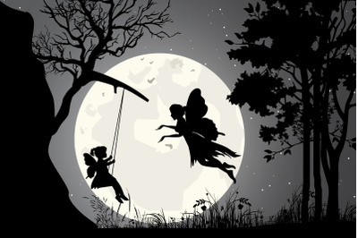 mom and girl fairy in the night silhouette