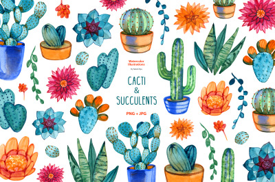 Watercolor cacti and succulents