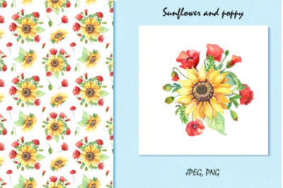 Watercolor sunflower and poppy