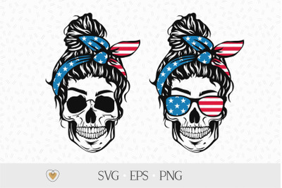 Skull messy bun american flag svg, Mom life svg, Svg files for cricut