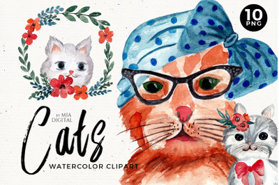 Cats with Flowers Watercolor Clipart