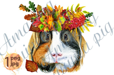 Guinea pig with wreath of leaves.