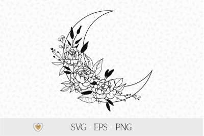 Moon with flowers svg, Peony svg, Floral moon svg