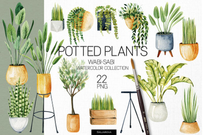 Potted plants. Watercolor clipart.