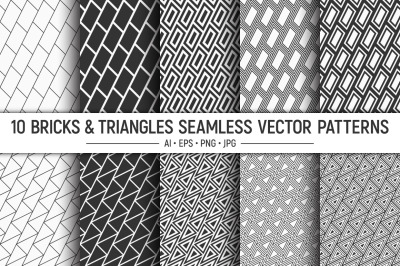 10 seamless tilted bricks and triangles patterns