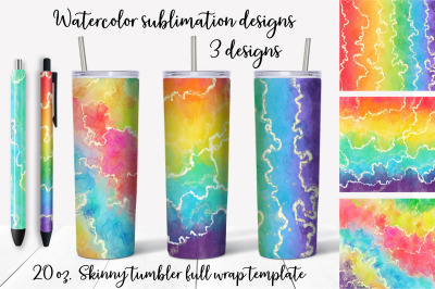 Watercolor rainbow sublimation design. Skinny tumbler wrap design, Pen