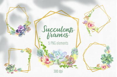 Watercolor floral frame &2F; Succulent wreath png &2F; Gold frame png