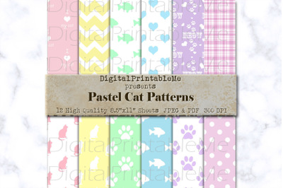Pastel Cat Digital Paper Pack, Mixed Variety patterns, pastel, rainbow