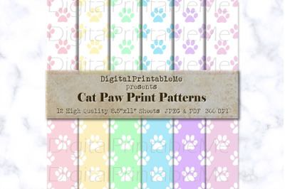 Cat Paw digital paper, Pastel rainbow print mix white Pack, mixed Colo